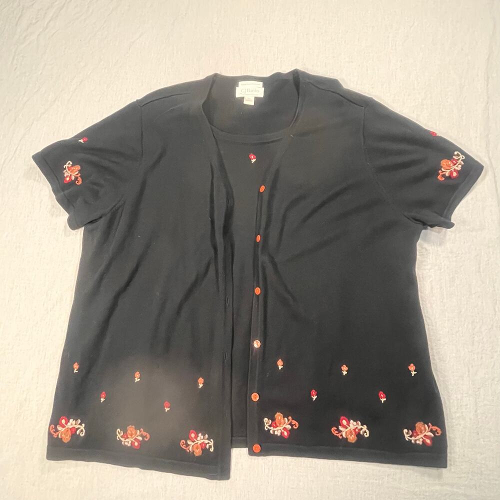 CJ Banks 3X Black Embroidered Cardigan Twinset Floral‎ Short Sleeve Plus Size